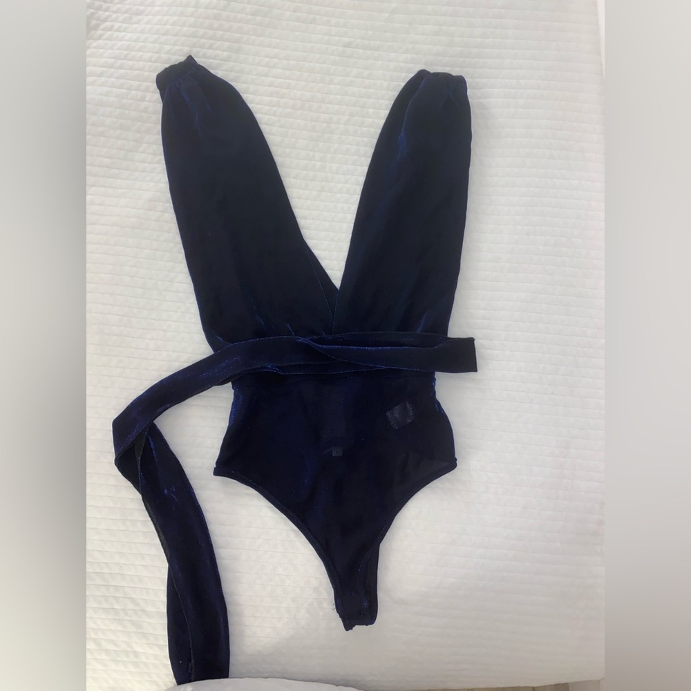 Superdown navy blue metallic bodysuit from Revolve